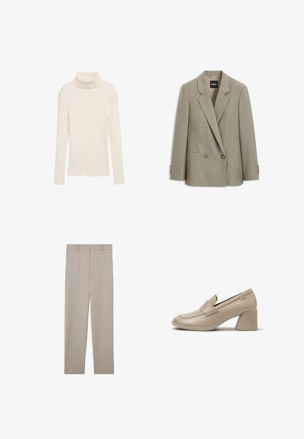 Beige op maat gemaakte double-breasted blazer met inkeping revers, twee voorste knopen, klepzakken en BOSS merklabel binnenin de kraag.; Creme trui met een col, gemaakt van ribbelstof. Lange mouwen en een getailleerde silhouette. Geen zichtbare patronen of hardwareaccenten.; Beige rechte broek met riemlussen en een strak, minimalistisch ontwerp, plat weergegeven op een witte achtergrond.; Beige leren damesslof met lage hak, vierkante neus en blokhak, met een gestikt banden detail aan de bovenzijde.