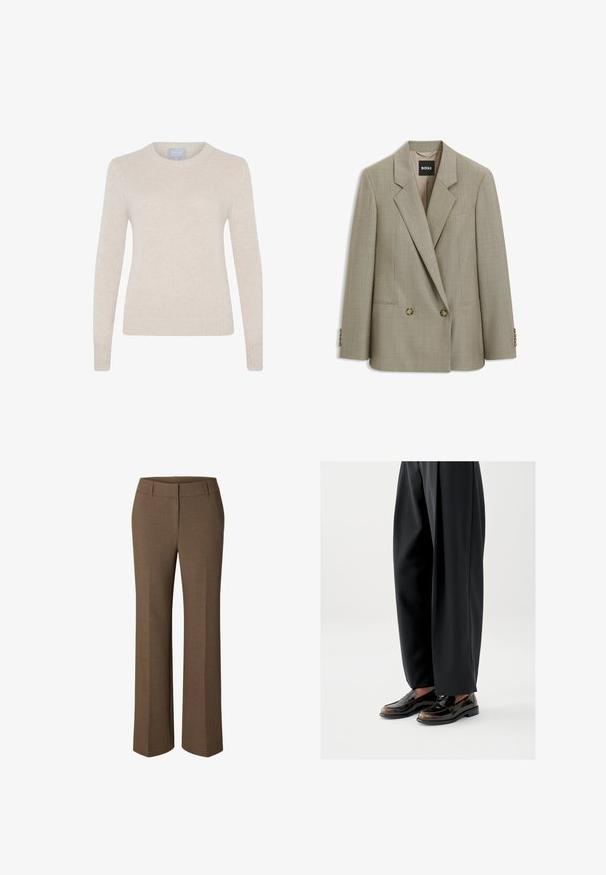 Beige op maat gemaakte double-breasted blazer met inkeping revers, twee voorste knopen, klepzakken en BOSS merklabel binnenin de kraag.; Style Republic Trui - sand; Bruine op maat gemaakte broek met rechte pijpen, voorzien van riemlussen en een voorkantsluiting, weergegeven tegen een witte achtergrond.; Zwarte loafers met een glanzende leren afwerking, voorzien van een decoratieve band over de bovenkant, gecombineerd met loszittende zwarte broeken.
