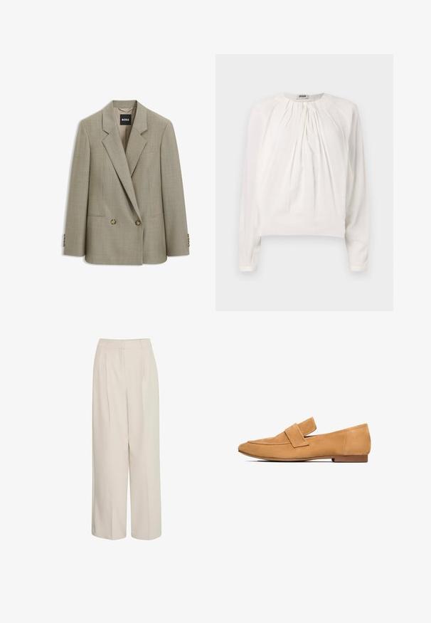 Blazer beige confeccionado a medida con doble botonadura, solapas con muesca, dos botones delanteros, bolsillos con solapa y etiqueta de marca BOSS en el interior del cuello.; Blusa blanca de manga larga con cuello redondo y delantero plisado. Tela suave y lisa con un corte holgado y detalle de botones en el cuello.; Pantalones de pierna ancha de cintura alta en crema, con pliegues, fabricados en tejido suave, que presentan un diseño limpio y un ajuste a medida.; Mocasines de ante color arena con tacón plano, punta redondeada y una tira cosida en el empeine para un acabado refinado.