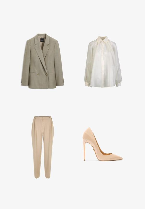 Beiger maßgeschneiderter, doppelt geknöpfter Blazer mit Revers mit Kerbe, zwei vorderen Knöpfen, Pattentaschen und BOSS Markenlabel innen am Kragen.; Bluse mit langen Ärmeln in Cremefarbe, vorne mit Knöpfen, spitzem Kragen, gerafften Schultern und Manschettenärmeln.; Beige maßgeschneiderte gerade Hosen mit Gürtelschlaufen, Reißverschluss vorne und seitlichen Taschen, vor einem weißen Hintergrund präsentiert.; Nackter Pumps aus Lackleder mit spitzer Zehenpartie, schlanker Silhouette und Stöckelabsatz, ausgestattet mit einer glatten, glänzenden Oberfläche.