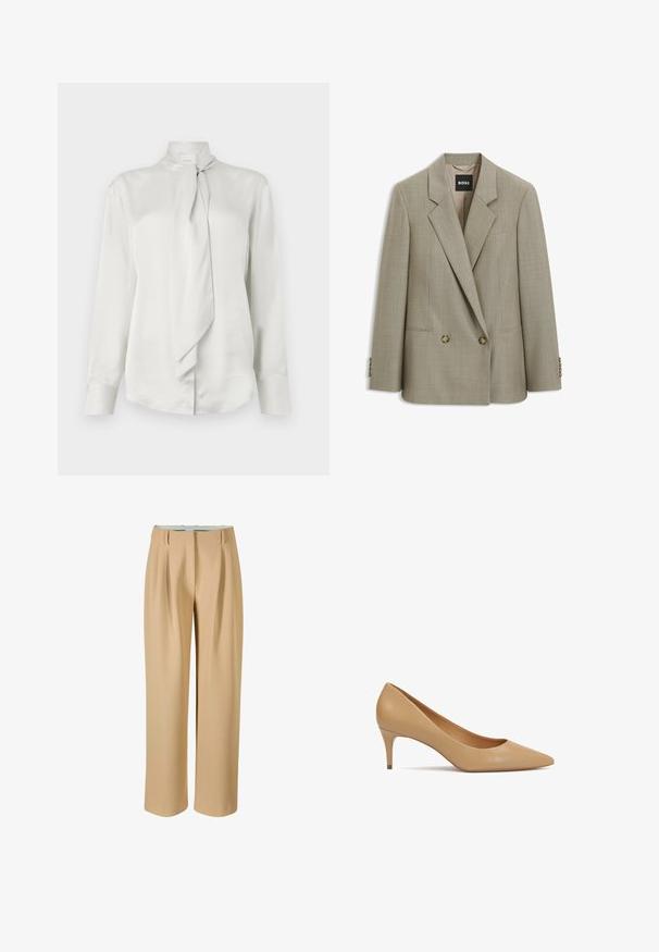 Beige op maat gemaakte double-breasted blazer met inkeping revers, twee voorste knopen, klepzakken en BOSS merklabel binnenin de kraag.; Witte blouse met lange mouwen en hoge hals, met een voorzijde die is afgewerkt met een gestrikte sjaaldetail, gemaakt van een gladde satijnachtige stof.; Beige wijde broek van een gladde stof, met plooien aan de voorkant en een aansluitende tailleband. Geen zichtbare zakken of versieringen.; Beige leren pump met hoge hak, spitse neus en slanke hak van 5 cm; gladde textuur en minimalistisch ontwerp zonder versieringen.