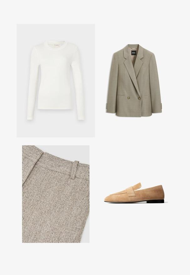 Blazer beige confeccionado a medida con doble botonadura, solapas con muesca, dos botones delanteros, bolsillos con solapa y etiqueta de marca BOSS en el interior del cuello.; Camiseta blanca de manga larga hecha de tela suave, con un cuello redondo y una silueta ajustada. Diseño minimalista sin patrones ni acentos.; Tela con patrón de espiga en tonos beige y gris, con una pretina estructurada y una textura de tejido intrincado.; Mocasín de ante marrón claro con un tacón bajo negro y una amplia tira decorativa en la parte superior, mostrado de perfil sobre un fondo blanco.