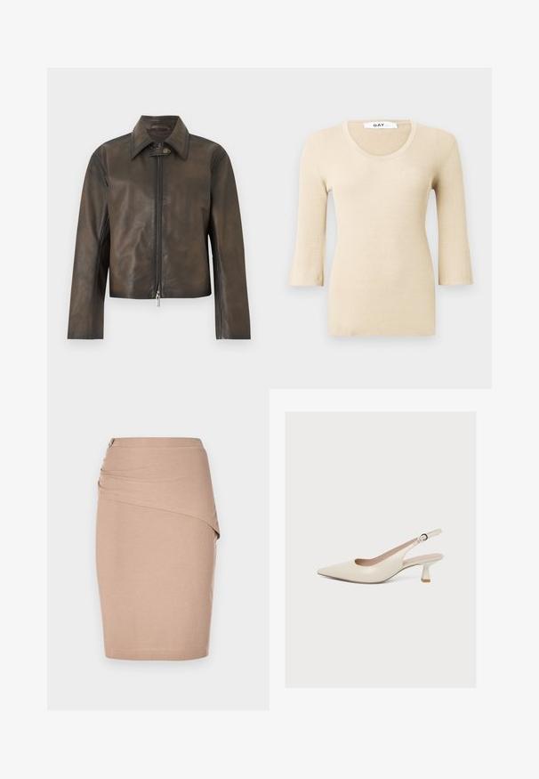Mørkebrun læderjakke med lynlås foran og knappet kraveflip, lange ærmer og en lige kant.; Beige ribbet langærmet bluse med en rund halsudskæring. Teksturen er glat og tætsiddende. Udsvingede manchetter tilføjer en subtil designdetalje.; Beige knælang blyantskørt, lavet af ribbet stof, med en draperet forside og en sølvfarvet lynlåsdetalje i siden. Glat tekstur.; Beige læder slingback-pumpe med spids tå, lavt buet hæl og justerbar spænde-rem.