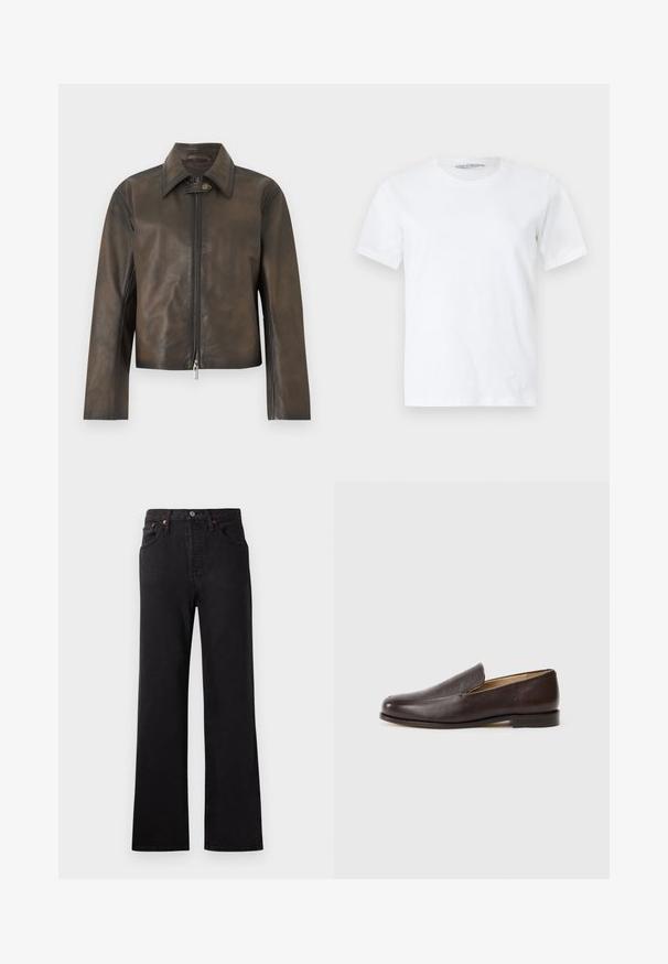 Veste en cuir marron foncé avec fermeture éclair frontale et patte de col à pression, manches longues et ourlet droit.; T-shirt blanc uni à manches courtes et col rond, posé à plat sur un fond clair, vue de face avec une petite étiquette de marque visible à l'intérieur du col.; Jean en denim noir taille haute avec une jambe évasée, présentant des coutures visibles, un design à cinq poches et des accents en métal cuivré.; Mocassins en cuir marron avec une texture lisse, bout arrondi, talon bas empilé et détails de couture minimalistes, sur fond blanc.