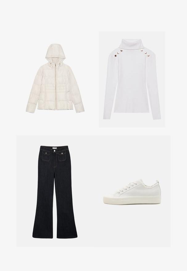Lys beige pufferjakke med hætte, en lynlås i fuld længde og horisontal quiltet design. Blød, glat tekstur med hardware-accenter i guld-tone.; Anna Field Striktrøje - off-white; Sorte denim jeans med høj talje, flared ben, to frontlommer og orange syninger. Materialet ser solidt og glat ud.; Hvide kanvas sneakers med en struktureret overdel, rundt tåhætte, flad sål og snørelukning. Har en let flossede krave og en løkke.
