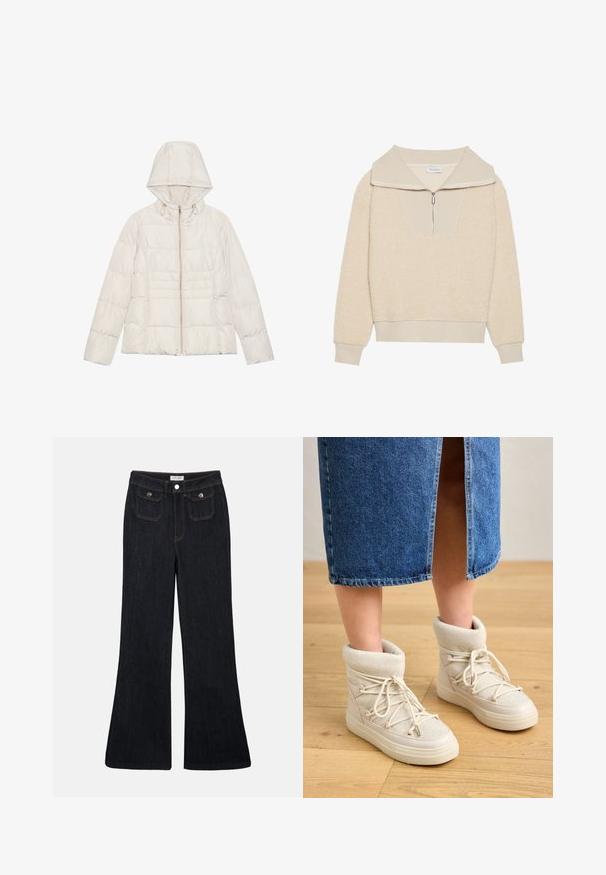 Lys beige pufferjakke med hætte, en lynlås i fuld længde og horisontal quiltet design. Blød, glat tekstur med hardware-accenter i guld-tone.; Beige fleece pullover med lynlås i kraven og ribbede detaljer. Har en struktureret overflade og en afslappet pasform, velegnet til hverdagsslid.; Sorte denim jeans med høj talje, flared ben, to frontlommer og orange syninger. Materialet ser solidt og glat ud.; Beige ankelstøvler med en blød, strikket kant og hvide snørebånd. Sålen er tyk og struktureret, parret med en blå denimnederdel.
