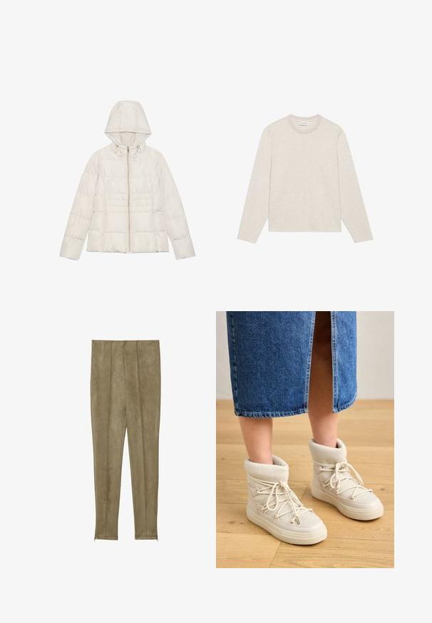 Lys beige pufferjakke med hætte, en lynlås i fuld længde og horisontal quiltet design. Blød, glat tekstur med hardware-accenter i guld-tone.; Lys grå langærmet skjorte lavet af blødt stof. Har en rund hals, lige kant og minimale stikninger på forsiden.; Khaki faux suede bukser med vertikale sømdetaljer og smalle manchetter, der har en glat tekstur og en tætsiddende silhuet.; Beige ankelstøvler med en blød, strikket kant og hvide snørebånd. Sålen er tyk og struktureret, parret med en blå denimnederdel.