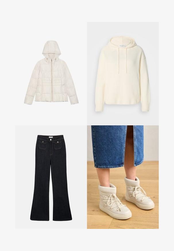 Lys beige pufferjakke med hætte, en lynlås i fuld længde og horisontal quiltet design. Blød, glat tekstur med hardware-accenter i guld-tone.; Creme, kort hoodie sweatshirt lavet af tekstureret stof. Har snoretræk og ribbede manchetter, med en afslappet pasform og diskret branding.; Sorte denim jeans med høj talje, flared ben, to frontlommer og orange syninger. Materialet ser solidt og glat ud.; Beige ankelstøvler med en blød, strikket kant og hvide snørebånd. Sålen er tyk og struktureret, parret med en blå denimnederdel.