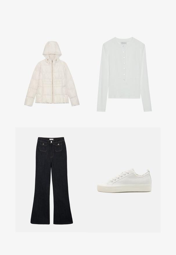 Light beige puffer jacket with a hood, a full-length zipper, and horizontal quilted design. Soft, smooth texture with gold-tone hardware accents.; White long-sleeve top made of ribbed fabric, featuring a round neckline and a buttoned front with six clear buttons.; Flared dark denim jeans with a high waist, two front pockets, and orange stitching. The material appears sturdy and smooth.; White canvas sneakers with a textured upper, round toe cap, flat sole, and lace-up front. Features a slightly frayed collar and pull tab.