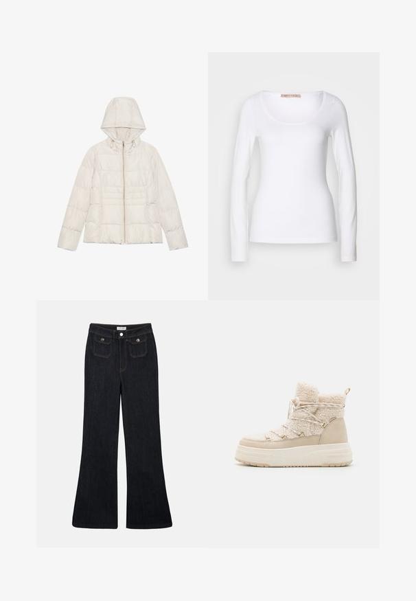 Lys beige pufferjakke med hætte, en lynlås i fuld længde og horisontal quiltet design. Blød, glat tekstur med hardware-accenter i guld-tone.; Langærmet hvid bomulds T-shirt med rund halsudskæring og tætsiddende design, med glat tekstur og uden udsmykninger.; Sorte denim jeans med høj talje, flared ben, to frontlommer og orange syninger. Materialet ser solidt og glat ud.; Beige vinterstøvler med en blød tekstur, snørremønster, guldfarvede detaljer og en tyk sål for ekstra højde og isolering.