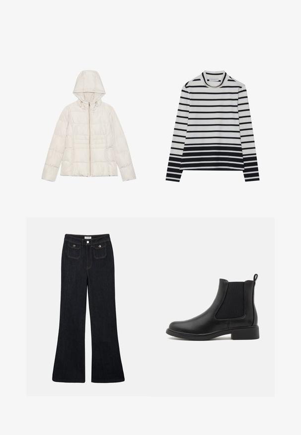 Veste en duvet beige clair avec une capuche, une fermeture éclair pleine longueur et un design matelassé horizontal. Texture douce et lisse avec des accents en métal doré.; T-shirt à manches longues en coton, présentant des rayures horizontales noires et blanches, un col montant haut et une coupe décontractée avec des fentes sur les côtés.; Jeans en denim foncé évasés avec une taille haute, deux poches avant et des coutures orange. Le matériau semble robuste et lisse.; Bottines Chelsea en cuir noir avec des panneaux latéraux élastiques, bout arrondi et un petit talon en bloc. Texture lisse et design minimaliste.