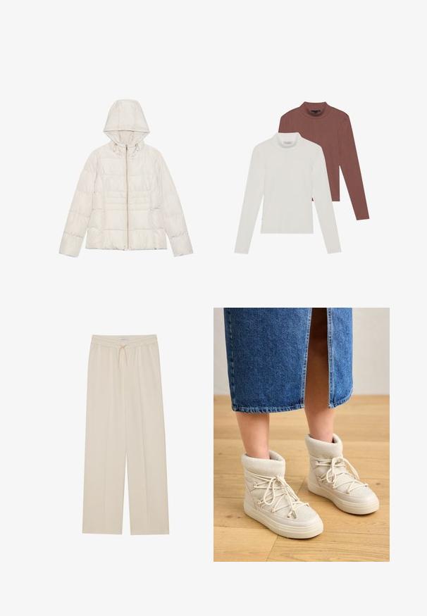 Veste en duvet beige clair avec une capuche, une fermeture éclair pleine longueur et un design matelassé horizontal. Texture douce et lisse avec des accents en métal doré.; Deux tops à manches longues avec col roulé : un blanc et un brun rouille, fabriqués en tissu léger et extensible avec une coupe ajustée.; Pantalons larges beige en tissu doux, avec une taille élastique, un cordon de serrage et des poches latérales pour la praticité.; Bottes beiges à la cheville avec un doux revers en tricot et des lacets blancs. La semelle est épaisse et texturée, associée à une jupe en denim bleu.