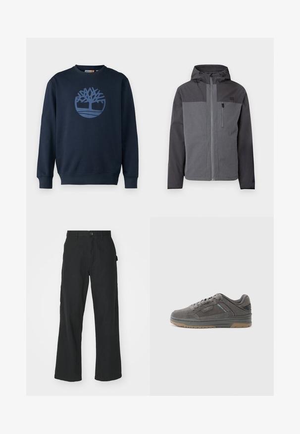 Tofarvet grå hættejakke med fuld frontlynlås og lynlåslomme på brystet, præsenteret på en helt hvid baggrund.; Timberland TREE LOGO CREW NECK - Sweatshirt - dark sapphire; Sorte vidde bukser lavet af letvægtsstof, med knaplukning, forlommer og en glat tekstur.; Grå sneakers lavet af ruskind med en struktureret overdel, gummisål og diskrete brandingdetaljer. Lavprofil design med snørelukning.