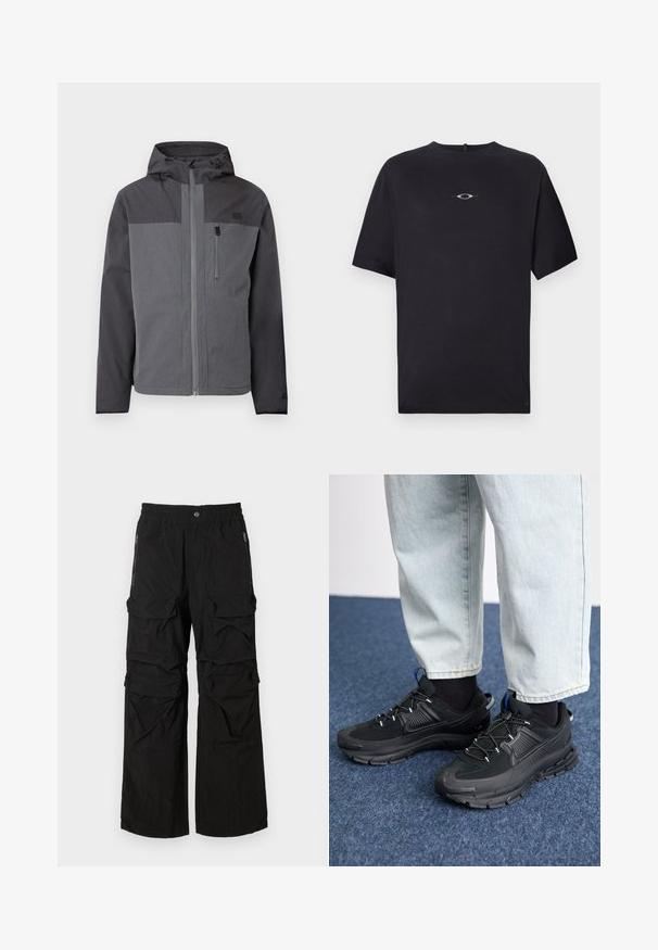 Tofarvet grå hættejakke med fuld frontlynlås og lynlåslomme på brystet, præsenteret på en helt hvid baggrund.; Oakley STACKED TEE - T-shirts print - blackout; Sorte cargo bukser med elastisk talje, flere store lommer og lynlåslommer på siden. Lavet af letvægts, tekstureret stof.; Sorte træningssko med tekstureret stof og gummisåler, udstyret med elastiske snørebånd og en blå detalje på hælen. Bæres med lyse denimbukser.