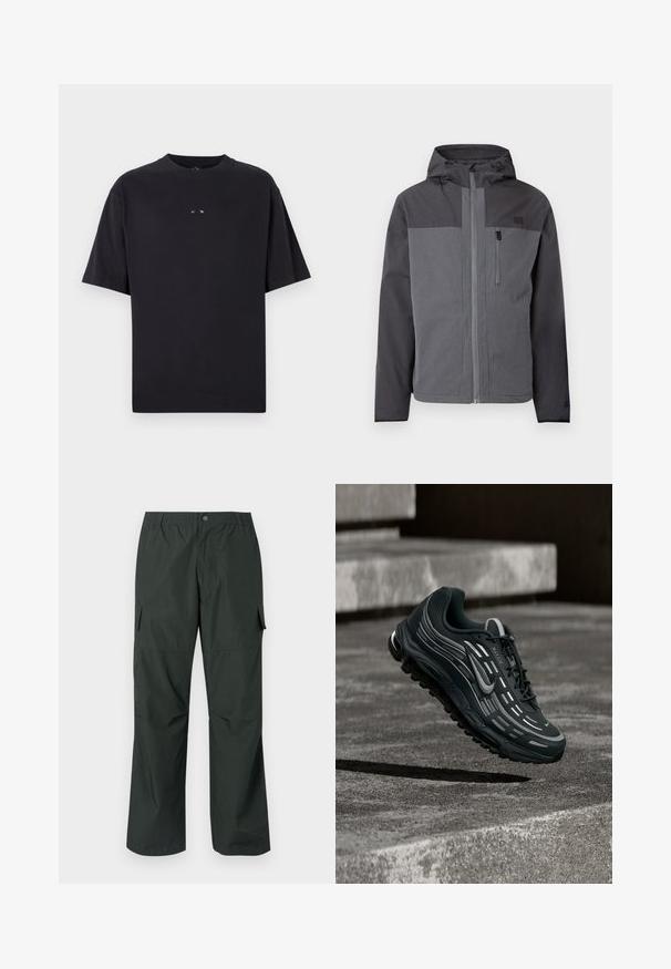 Tweekleurige grijze hoodie met volledige voorkant rits en een ritszak op de borst, weergegeven op een effen witte achtergrond.; Oakley RISE TEE - T-shirt basic - blackout; Donker groene cargobroek met een ontspannen pasvorm, elastische tailleband, gestikte zakken en een soepele, lichte stoftextuur.; Zwarte en grijze Nike Air Max sneaker zwevend boven grijze betonnen trappen met een gestructureerde achtergrond van de grond.