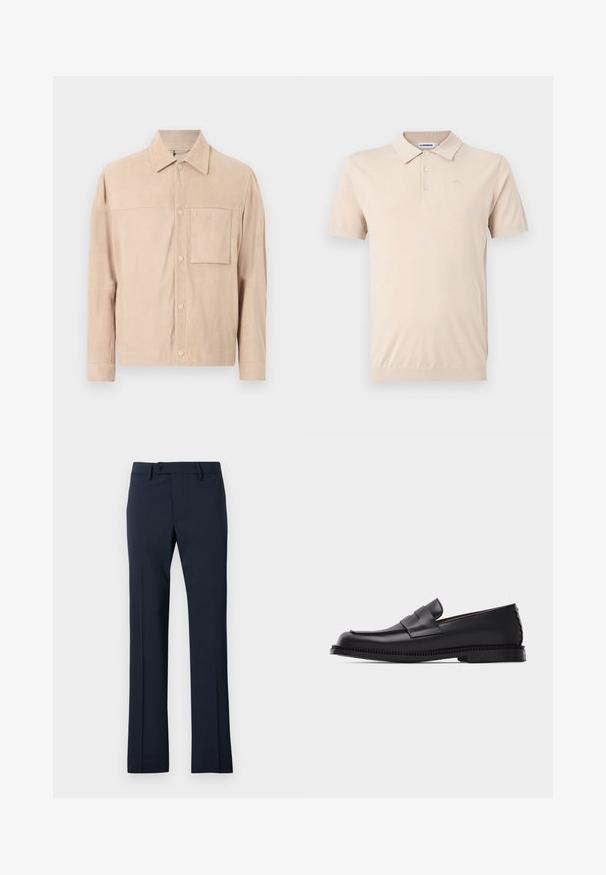 Beige ruskindjakke med lange ærmer, spidst krave, trykknaplukning og enkelt brystlomme på venstre side.; Beige kortærmet polo-shirt med krave, tre knapper og diskret mærkelogo på venstre bryst mod en ensfarvet baggrund.; Mørkeblå bukser lavet af glat stof, med et lige ben design, en knaplukning og detaljer med frynser foran.; Sort læder penny loafer med lav hæl, rundet tå og dekorativ rem over vristen, sat på en ensartet lys baggrund.