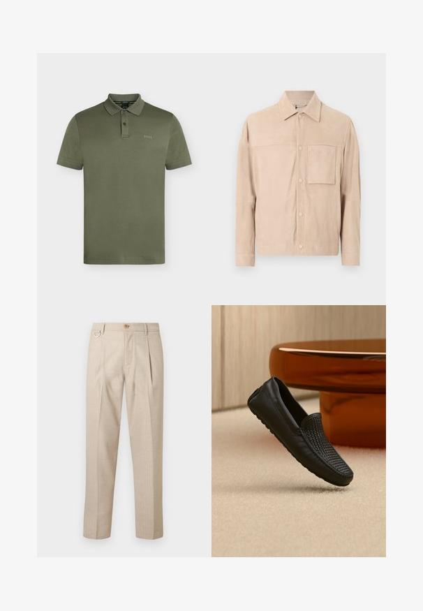 Veste en daim beige à manches longues, col pointu, fermeture à boutons-pression et une poche poitrine unique sur le côté gauche.; Polo manches courtes vert olive avec patte à deux boutons et logo "BOSS" discret sur la poitrine gauche.; Pantalon beige plissé en tissu texturé, avec une fermeture à boutons, des poches latérales et un accent métallique sur la ceinture.; Mocassin en cuir noir avec un détail tissé sur le dessus flottant au-dessus d'un tapis beige dans un intérieur moderne avec une table ronde marron.