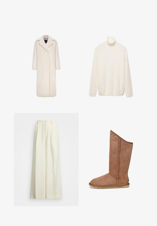 Lang, elfenbensfarvet faux fur frakke med notch-krave, lange ærmer og åbent frontdesign. Blød tekstur og hel længde silhuet.; Cremefarvet turtleneck sweater, lavet af et blødt strikstof. Har lange ærmer og en ribbet krave. Enkel, uornamenteret design.; Bredde benbukser i off-white stof, med høj talje, dobbelte plisseringer og knaplukning. Glat tekstur og skræddersyet design.; Brune ruskind knæhøje støvler med rund tå, flad gummisål, detaljer ved sømmen og mærke patch på ydersiden.