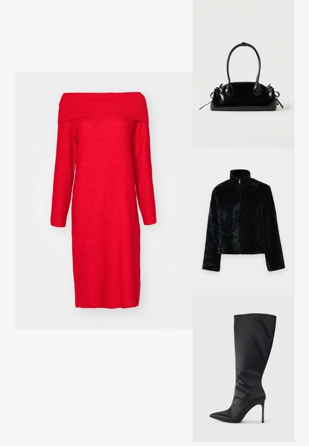 Schwarze Kunstfelljacke mit hohem Kragen, Reißverschluss und langen Ärmeln. Weiche Textur und lockerer Schnitt, mit einer glatten, gleichmäßigen Oberfläche.; Rotes, schulterfreies Strickkleid mit langen Ärmeln, ausgestattet mit einem gerippten Ausschnitt und einer geraden Silhouette. Weicher Stoff und knielang.; Schwarzer kniehoher Stiletto-Stiefel aus glattem, elegantem Material; spitze Zehe; enganliegend mit subtilen Falten nahe dem Knöchel; glänzender Absatz.; Kleine schwarze glänzende Handtasche mit zwei langen Griffen und seitlichen Kordelzug-Details vor einfachem hellem Hintergrund.