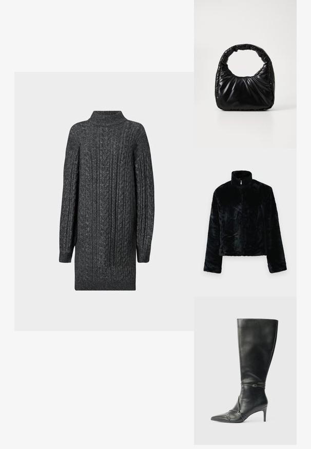 Schwarze Kunstfelljacke mit hohem Kragen, Reißverschluss und langen Ärmeln. Weiche Textur und lockerer Schnitt, mit einer glatten, gleichmäßigen Oberfläche.; Dunkelgraues, kabelgestricktes, langes Sweaterkleid mit geripptem Stehkragen, Bündchen und Saum auf weißem Hintergrund.; Schwarze kniehohe Lederstiefel mit schlankem Absatz, spitz zulaufender Spitze und Riemendetails am Knöchel. Glatte Textur und eng anliegendes Design.; Schwarze gepolsterte Handtasche mit einem runden Griff, die eine glatte, glänzende Oberfläche und eine weiche, gestepfte Textur aufweist. Keine sichtbare Hardware oder Akzente.