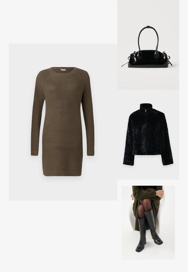 Veste en fausse fourrure noire avec col montant, fermeture zippée et manches longues. Texture douce et coupe décontractée, avec une surface lisse et uniforme.; Robe en tricot de couleur vert olive foncé, avec des manches longues, un col rond, un tissu texturé et des poignets et un ourlet côtelés.; Bottes en cuir noires arrivant au genou, avec un bout carré et un talon carré, présentées sur un modèle assis dans un manteau vert olive. Texture lisse, détails minimaux.; Petit sac à main noir brillant avec deux longues anses et des détails à cordon sur les côtés sur un fond clair uni.