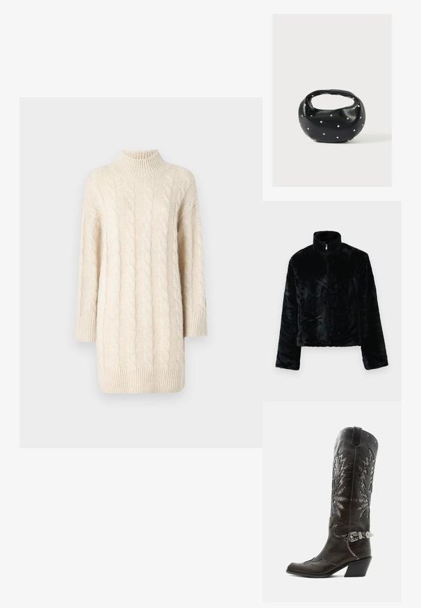 Veste en fausse fourrure noire avec col montant, fermeture zippée et manches longues. Texture douce et coupe décontractée, avec une surface lisse et uniforme.; Pull en tricot torsadé crème avec un col haut, des manches trois-quarts et un ourlet côtelé. Présente des motifs texturés et une coupe ample.; Botte de cowboy en cuir noir avec découpes décoratives, boucle argentée et talon incliné, présentée sur fond blanc.; Sac à main en cuir noir de forme arrondie, décoré de clous argentés et équipé d'une poignée courte. Texture lisse et fermeture éclair.