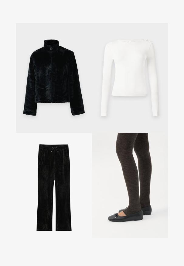 Must mustkangast park, millel on kõrge krae, tõmbluku kinnitusega ja pikad varrukad. Pehme tekstuur ja mugav lõige, millel on sile ja ühtlane pind.; Pikad käised, valge särk ribatekstuuriga, ümar kaelus ja kolm dekoratiivnuppu vasakul õlal. Sile kangas ja keha lähedane lõige.; Must muströöpidega mustad veluurpüksid, millel on pehme tekstuur, laiad sääred, elastne vöökoht, narmastega sulgemine ja kaks eesmist taskut.; Jalad seljas tumedad soonelises soonelises kombines mustade baleriinadega, millel on väikesed paelade detailid valgel taustal.