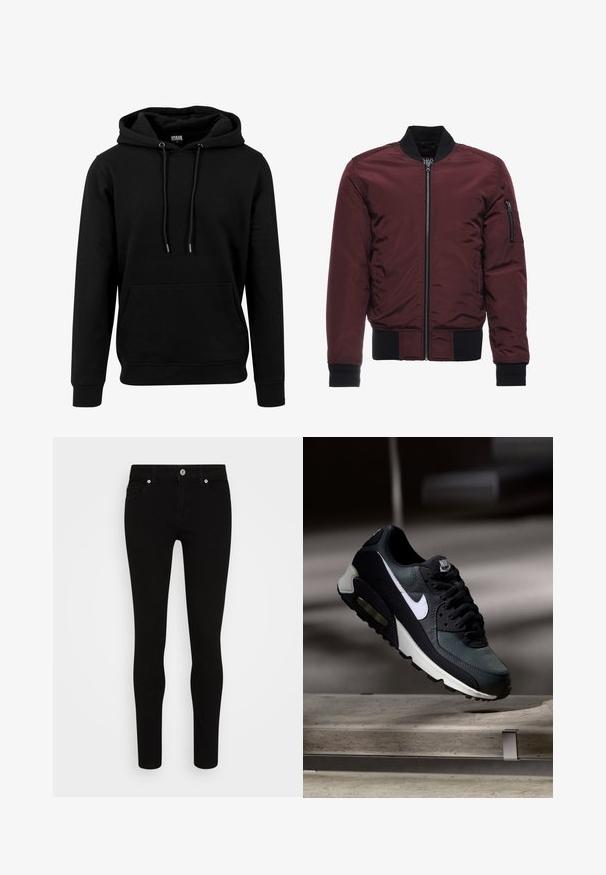 Veste bomber bourgogne avec fermeture éclair, poignets et ourlet côtelés, et poche à fermeture éclair sur la manche. Tissu lisse et brillant avec un aspect matelassé.; Hoodie noir en tissu doux, avec une grande poche avant, des cordons de serrage et des poignets et un ourlet côtelés. Design simple et uni.; Jean skinny noir avec une texture lisse, conception à cinq poches, fermeture à bouton sur le devant et silhouette épurée. Style minimaliste sans motifs visibles.; Baskets Nike Air Max noires et grises avec un logo blanc, suspendues au-dessus d'une surface en béton sur un fond sombre flou.