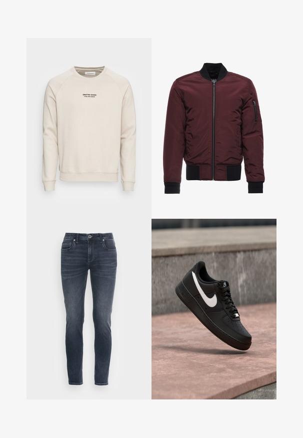 Bordeaux bomberjack met een ritsluiting, ribgebreide manchetten en zoom, en een ritszak op de mouw. Glad, glanzend materiaal met een gewatteerde uitstraling.; Crème-kleurige sweatshirt met raglanmouwen, ribgebreide manchetten en zoom. Bevat een zwart tekstlogo aan de voorkant. Zacht, geweven stof.; Donkerblauwe denim jeans met een slim fit, vijf zakken en een knoopsluiting. Heeft vervaagde delen en subtiele branding op de tailleband.; Zwarte Nike Air Force 1 sneaker met wit swoosh-logo zwevend boven een stenen oppervlak en een grijze, getextureerde muur op de achtergrond.