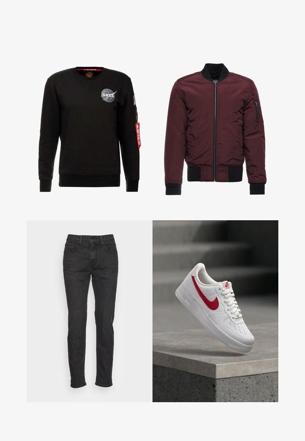 Veste bomber bourgogne avec fermeture éclair, poignets et ourlet côtelés, et poche à fermeture éclair sur la manche. Tissu lisse et brillant avec un aspect matelassé.; Alpha Industries NASA - Sweatshirt - schwarz; Jean en denim noir avec une coupe ajustée, comportant cinq poches, des passants de ceinture et des détails de couture subtils. Texture usée sur le tissu.; Baskets blanches Nike Air Force 1 avec logo swoosh rouge flottant au-dessus d'un rebord en béton et des escaliers en arrière-plan.