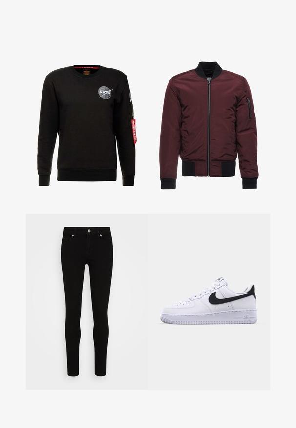 Burgunderrød bomberjakke med lynlåslukning, ribstrikkede manchetter og kant samt en lynlåslomme på ærmet. Glat, skinnende stof med en polstret udseende.; Alpha Industries NASA - Sweatshirt - schwarz; Sorte skinny jeans med en glat tekstur, fem lommer, frontlukning med knap og en slank silhuet. Minimalistisk stil uden synlige mønstre.; Hvide lædersneakers med en struktureret sort Swoosh, flade snørebånd og en gummisål med et rillemønster. "AIR" er præget på hælen.