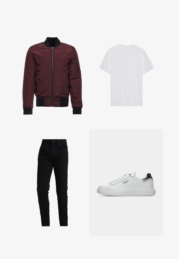 Burgundská bomber bunda so zipsom, rebrovanými manžetami a lemom, a vreckom na zips na rukáve. Hladká, lesklá látka s vypchávkovým vzhľadom.; Biela bavlnená tričko s krátkymi rukávmi, s okrúhlym výstrihom a hladkou textúrou. Obsahuje minimálne logo na výstrihu.; Čierne džínsy s úzkym strihom, s stredne vysokým pásom, päť-vreckovým dizajnom a jemnými švovými detailami. Hladká textúra látky.; Biele nízke tenisky s čiernym akcentom na päte, bielymi šnúrkami a logom "Pepe Jeans London" na boku, zobrazené v profile na bielom pozadí.