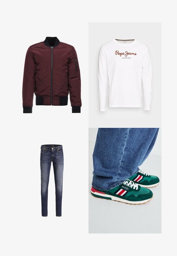 Bordeaux bomberjack met een ritsluiting, ribgebreide manchetten en zoom, en een ritszak op de mouw. Glad, glanzend materiaal met een gewatteerde uitstraling.; Witte T-shirt met lange mouwen van katoen, met een bruine "Pepe Jeans" logo en de tekst "LONDON" gecentreerd op de borst.; Donkerblauwe slim-fit jeans met lichte vervaging op dijen en knieën, met voorzakken, riemlussen en een knoopsluiting.; Groene sport sneakers met witte veters, gemaakt van suède en stof, met rode, witte en zwarte strepen, en rubberen zolen.