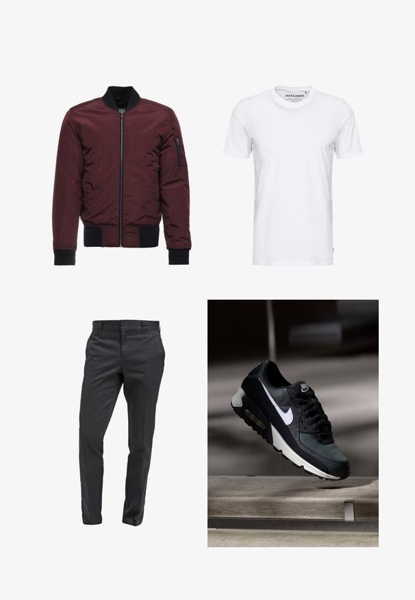 Chaqueta bomber burdeos con cierre de cremallera, puños y dobladillo acanalados, y un bolsillo en la manga con cremallera. Tejido suave y brillante con un aspecto acolchado.; Camiseta de manga corta blanca, hecha de algodón, con cuello redondo y un diseño sencillo. Etiqueta de la marca visible en la zona del cuello. Sin patrones ni detalles.; Pantalones negros a medida de tela suave, con un diseño de pierna recta, paso para cinturón y un cierre frontal clásico.; Zapatilla Nike Air Max negra y gris con el logo blanco, suspendida sobre una superficie de cemento contra un fondo oscuro y desenfocado.