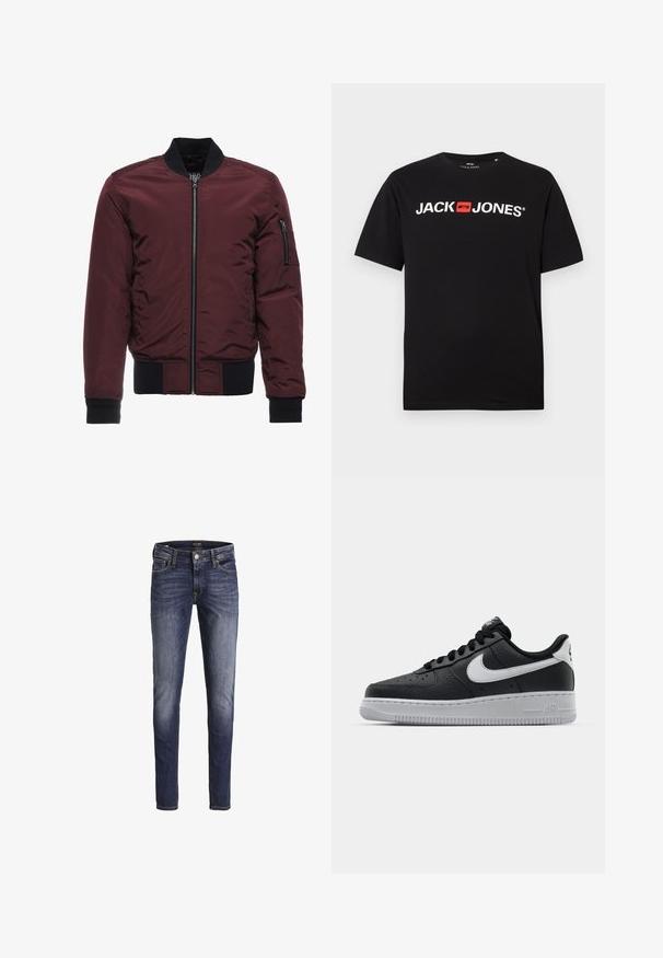 Bordeaux bomberjack met een ritsluiting, ribgebreide manchetten en zoom, en een ritszak op de mouw. Glad, glanzend materiaal met een gewatteerde uitstraling.; Zwart katoenen T-shirt met ronde hals, voorzien van de witte tekst "JACK & JONES" in een vet lettertype en een rode accentdoos. Korte mouwen.; Donkerblauwe slim-fit jeans met lichte vervaging op dijen en knieën, met voorzakken, riemlussen en een knoopsluiting.; Zwarte lederen sneaker met een textuur oppervlak, witte Nike swoosh, grijze zool, ronde neus en vetersluiting. Bevat perforaties op de neus.