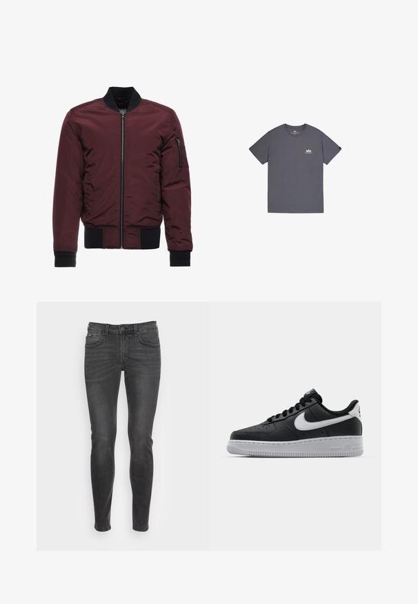 Μπορντό bomber jacket με φερμουάρ, ριμπ μανίκια και στρίφωμα, και τσέπη στον μανίκι με φερμουάρ. Λείο, γυαλιστερό ύφασμα με φουσκωτή εμφάνιση.; Γκρίζο βαμβακερό T-shirt με κοντά μανίκια, στρογγυλή λαιμόκοψη και μικρό λογότυπο τυπωμένο στο στήθος. Απαλή υφή, άνετη εφαρμογή.; Λεπτά μαύρα τζιν με απαλό υφασμά, που διαθέτουν κλασικό σχέδιο πέντε τσεπών και διακριτική φθορά στο μπροστινό μέρος.; Μαύρο δερμάτινο αθλητικό παπούτσι με υφασμάτινη επιφάνεια, άσπρο λογότυπο Nike, γκρίζα σόλα, στρογγυλή μύτη και σχέδιο με κορδόνια. Διαθέτει διάτρητα σημεία στην περιοχή της μύτης.