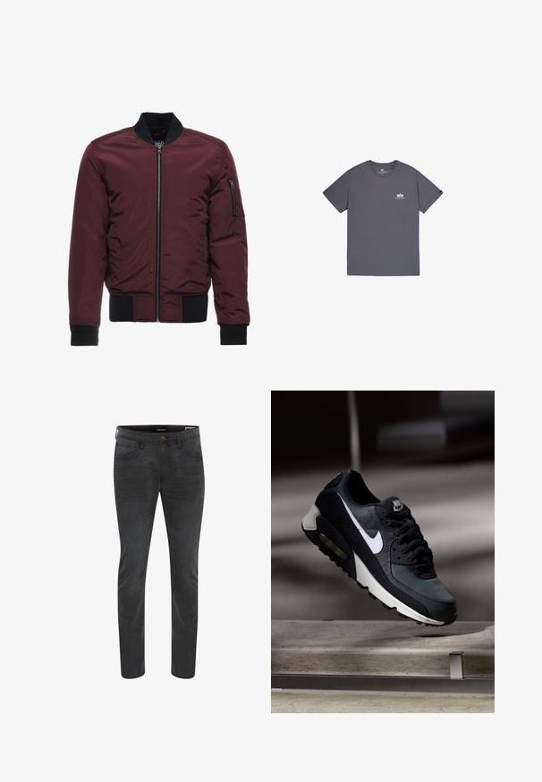 Burgundská bomber bunda so zipsom, rebrovanými manžetami a lemom, a vreckom na zips na rukáve. Hladká, lesklá látka s vypchávkovým vzhľadom.; Šedé bavlnené tričko s krátkymi rukávmi, okrúhlym výstrihom a malým logom potlačeným na hrudi. Hladká textúra, voľný strih.; Tmavomodré džínsy z denimu so štíhlym strihom, v štýle s piatimi vreckami a zapínaním na gombíky. Vhodné na bežné nosenie.; Čierno-sivá teniska Nike Air Max s bielym logom, zavesená nad betónovým povrchom na rozmazanom tmavom pozadí.