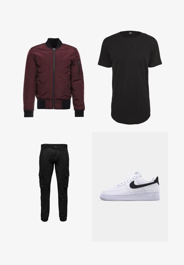 Veste bomber bourgogne avec fermeture éclair, poignets et ourlet côtelés, et poche à fermeture éclair sur la manche. Tissu lisse et brillant avec un aspect matelassé.; T-shirt noir à manches courtes en coton. Présente un col rond et une coupe droite avec un ourlet arrière légèrement plus long. Texture douce.; Pantalon cargo noir avec poches à rabat latérales, poignets élastiques, fermeture frontale par bouton et fermeture éclair.; Sneaker en cuir blanc avec un Swoosh noir texturé, des lacets plats et une semelle en caoutchouc avec un motif strié. "AIR" est embossé sur le talon.