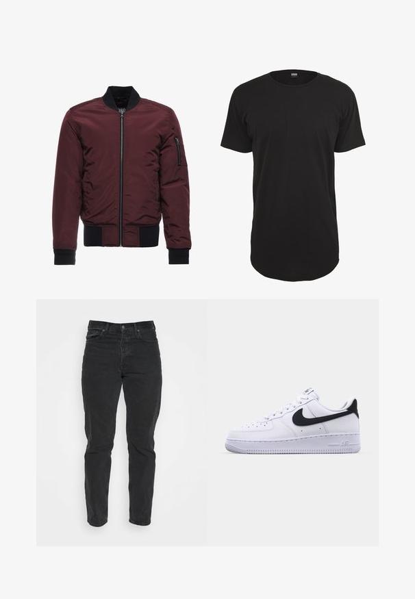 Burgunderfarbene Bomberjacke mit Reißverschluss, gerippten Bündchen und Saum sowie einer Reißverschlusstasche am Ärmel. Glattes, glänzendes Material mit gepolsterter Optik.; Schwarzes T-Shirt mit kurzen Ärmeln aus Baumwolle. Verfügt über einen runden Halsausschnitt und einen geraden Schnitt mit einem leicht längeren Rückenbund. Weiche Textur.; Schwarze Denim-Jeans mit geradem Schnitt, fünf Taschen, vorderem Knopfverschluss und kontrastierenden Nähten. Glatte Textur mit leichten Gebrauchsspuren.; Weißes Leder-Sneaker mit einem strukturierten schwarzen Swoosh, flachen Schnürsenkeln und einer Gummisohle mit genoppetem Muster. "AIR" ist auf der Ferse eingeprägt.