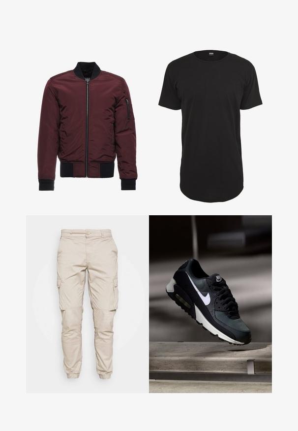 Μπορντό bomber jacket με φερμουάρ, ριμπ μανίκια και στρίφωμα, και τσέπη στον μανίκι με φερμουάρ. Λείο, γυαλιστερό ύφασμα με φουσκωτή εμφάνιση.; Μαύρο κοντομάνικο μπλουζάκι από βαμβάκι. Διαθέτει στρογγυλή λαιμόκοψη και ίσια γραμμή με ελαφρώς πιο μακριά ραφή στο πίσω μέρος. Μαλακή υφή.; Μπεζ cargo παντελόνι με κλείσιμο κουμπιού, πλαϊνές τσέπες και ελαστικούς αστραγάλους, κατασκευασμένο από ανθεκτικό ύφασμα με λεία υφή.; Μαύρο και γκρι αθλητικό παπούτσι Nike Air Max με λευκό σήμα, κρεμασμένο πάνω από μια τσιμεντένια επιφάνεια σε θολό σκοτεινό φόντο.