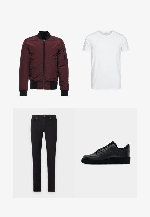 Burgunderfarbene Bomberjacke mit Reißverschluss, gerippten Bündchen und Saum sowie einer Reißverschlusstasche am Ärmel. Glattes, glänzendes Material mit gepolsterter Optik.; Rundhals-T-Shirt mit kurzen Ärmeln in reinem Weiß, aus weicher Baumwolle, mit einem schlichten Design ohne sichtbare Muster oder Akzente.; Schwarze Slim-Fit-Jeans mit fünf Taschen, Knopfverschluss und Gürtelschlaufen, flach auf einem weißen Hintergrund präsentiert.; Schwarzer Nike Air Force 1 Schuh mit einem glatten Lederoberteil, perforierter Zehenpartie für Atmungsaktivität, schwarzen Schnürsenkeln und einer strukturierten Gummisohle.