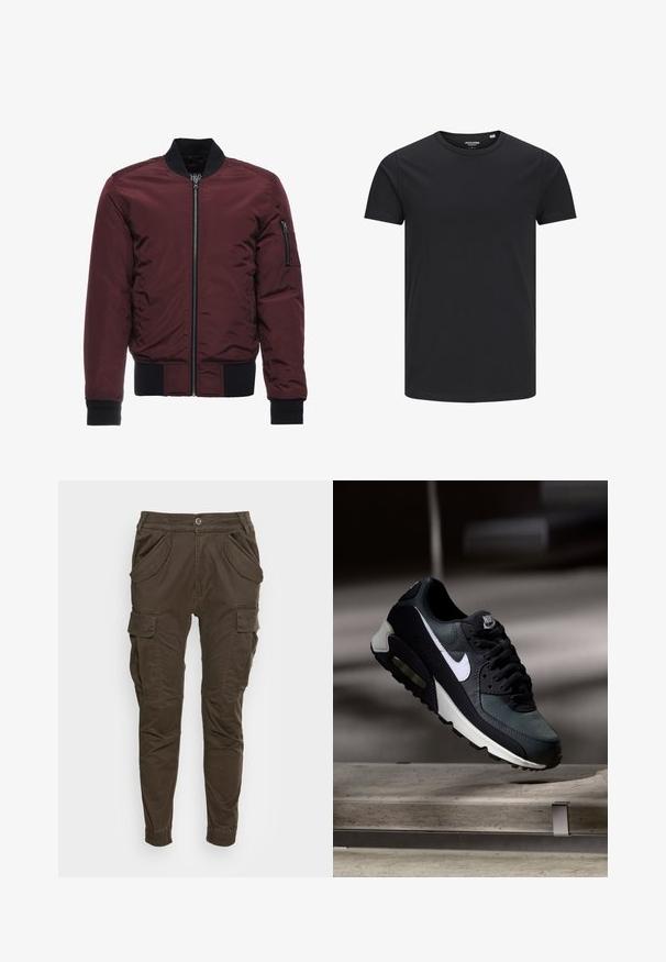 Veste bomber bourgogne avec fermeture éclair, poignets et ourlet côtelés, et poche à fermeture éclair sur la manche. Tissu lisse et brillant avec un aspect matelassé.; T-shirt en coton noir avec un col rond, des manches courtes et un design simple. Texture lisse, sans motifs ni éléments visibles.; Pantalons cargo marron avec une coupe décontractée. Caractéristiques : taille élastique, poches latérales et jambes effilées avec manchons élastiques. Fabriqués dans un tissu durable.; Baskets Nike Air Max noires et grises avec un logo blanc, suspendues au-dessus d'une surface en béton sur un fond sombre flou.