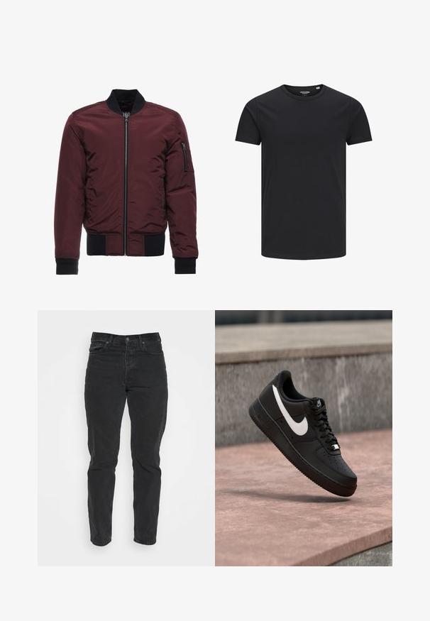 Burgunderfarbene Bomberjacke mit Reißverschluss, gerippten Bündchen und Saum sowie einer Reißverschlusstasche am Ärmel. Glattes, glänzendes Material mit gepolsterter Optik.; Schwarzes Baumwoll-T-Shirt mit Rundhalsausschnitt, kurzen Ärmeln und schlichtem Design. Glatte Textur, keine Muster oder sichtbare Beschläge.; Schwarze Denim-Jeans mit geradem Schnitt, fünf Taschen, vorderem Knopfverschluss und kontrastierenden Nähten. Glatte Textur mit leichten Gebrauchsspuren.; Schwarzer Nike Air Force 1 Sneaker mit weißem Swoosh-Logo, der über einer Steinformation schwebt, vor einem grauen strukturierten Hintergrund.