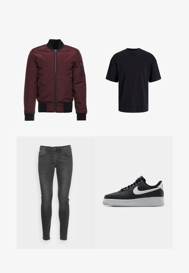 Burgundy-värinen bomber-takki, jossa on vetoketjusuljenta, ribbattuja hihansuita ja helmaa sekä vetoketjullinen tasku hihassa. Sujuva, kiiltävä kangas, joka näyttää pehmeältä.; Musta puuvillapaita, jossa on pyöreä kaula-aukko, lyhyet hihat ja rento muotoilu. Yksinkertainen ja sileä pinta, ilman näkyviä kuvioita tai koristeita.; Hienot mustat farkut, joissa on sileä rakenne, klassinen viisi-taskumalli ja hienovarainen haalistuminen etupuolella.; Musta nahkakengät, joissa on teksturoitu pinta, valkoinen Nike -logo, harmaa pohja, pyöreä kärki ja nauhakiinnitys. Varustettu rei'illä kärkilaatikossa.