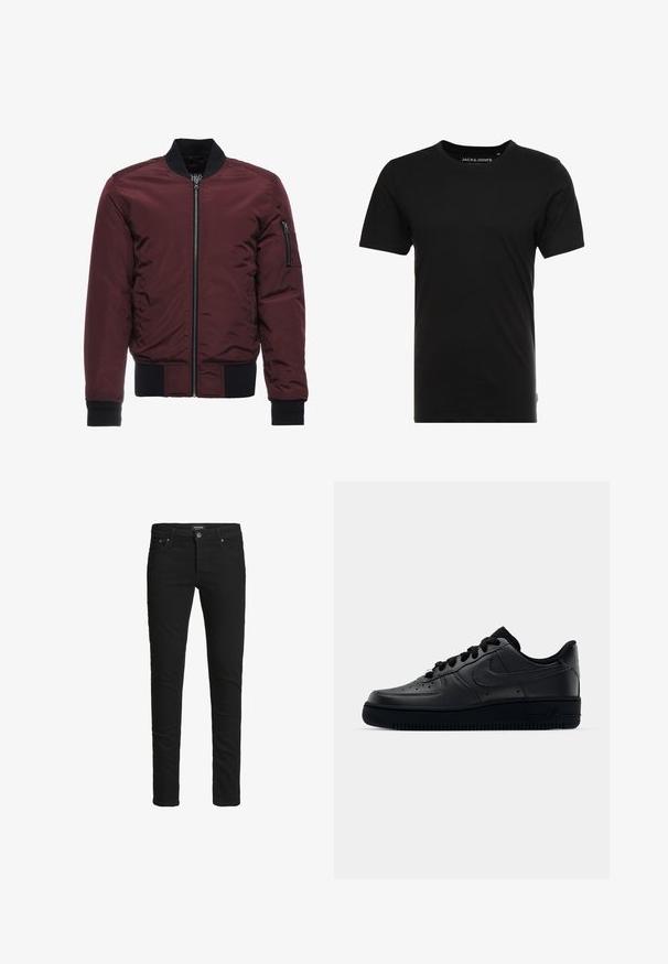 Casaco bomber borgonha com fecho de correr, punhos e bainha canelados, e um bolso com fecho de correr na manga. Tecido liso e brilhante com um aspeto acolchoado.; T-shirt preta de manga curta feita de algodão, com um decote redondo e uma etiqueta de logotipo subtil de lado. Design simples e versátil.; Jeans pretos de corte slim com cinco bolsos, fecho de botão e passadores de cinto, rotulados Jack & Jones.; Sapatilha Nike Air Force 1 preta com parte superior em couro liso, bico perfurado para respirabilidade, atacadores pretos e sola de borracha texturizada.