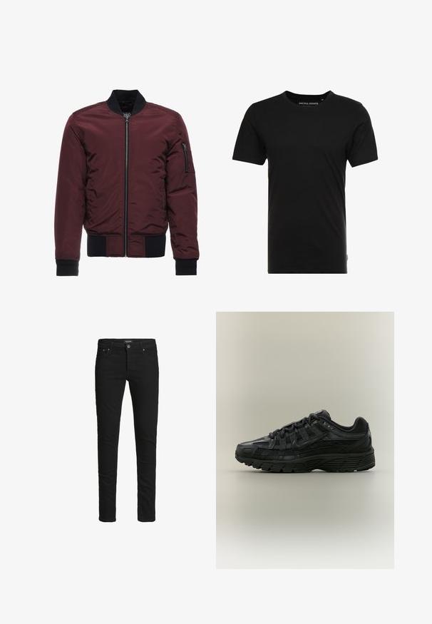 Μπορντό bomber jacket με φερμουάρ, ριμπ μανίκια και στρίφωμα, και τσέπη στον μανίκι με φερμουάρ. Λείο, γυαλιστερό ύφασμα με φουσκωτή εμφάνιση.; Μαύρο κοντομάνικο T-shirt από βαμβάκι, με στρογγυλή λαιμόκοψη και μια διακριτική ετικέτα λογότυπου στο πλάι. Απλός και ευέλικτος σχεδιασμός.; Μαύρα τζιν slim-fit με πέντε τσέπες, κλείσιμο με κουμπί και θηλιές ζώνης, με ετικέτα Jack & Jones.; Μαύρο παπούτσι τρεξίματος Nike με επάνω μέρος από δίχτυ και συνθετικό υλικό, κούμπωμα με κορδόνια και υφή στη σόλα, εμφανιζόμενο από αριστερή πλευρική όψη σε απλό φόντο.
