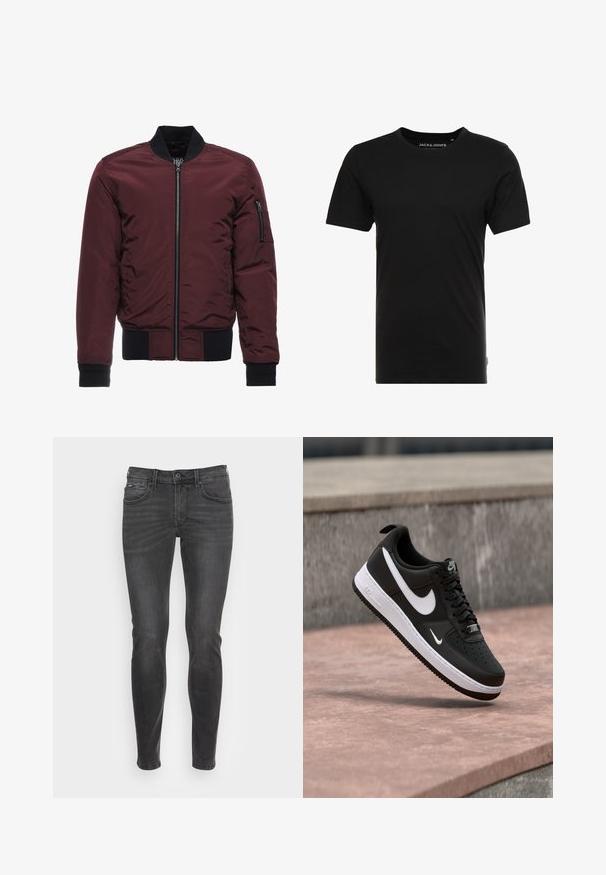 Chaqueta bomber burdeos con cierre de cremallera, puños y dobladillo acanalados, y un bolsillo en la manga con cremallera. Tejido suave y brillante con un aspecto acolchado.; Camiseta de manga corta negra hecha de algodón, con cuello redondo y una sutil etiqueta de logo en el costado. Diseño simple y versátil.; Jeans negros ajustados con una textura suave, que presentan un diseño clásico de cinco bolsillos y un ligero desvanecimiento en la parte frontal.; Zapatilla Nike Air Force 1 en blanco y negro suspendida sobre una superficie de concreto rosa con un fondo de piedra gris.