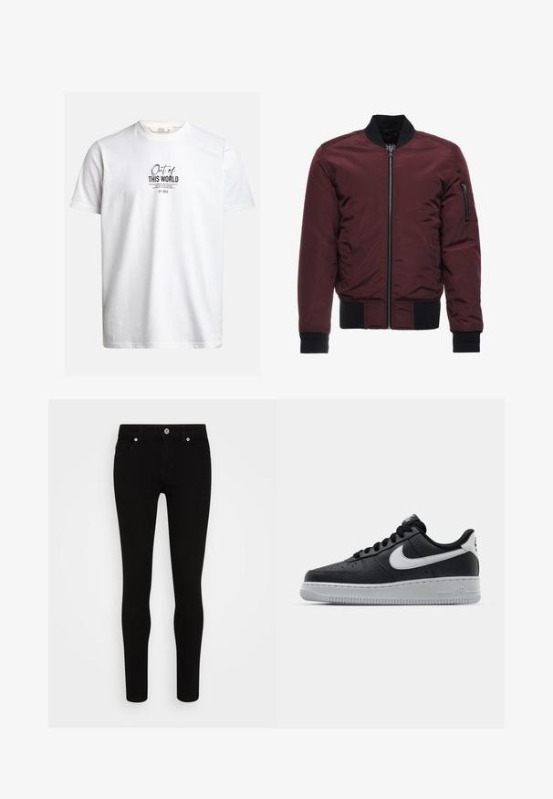 Veste bomber bourgogne avec fermeture éclair, poignets et ourlet côtelés, et poche à fermeture éclair sur la manche. Tissu lisse et brillant avec un aspect matelassé.; T-shirt blanc à manches courtes avec texte noir « Out of THIS WORLD » et un texte descriptif plus petit au centre devant, col rond.; Jean skinny noir avec une texture lisse, conception à cinq poches, fermeture à bouton sur le devant et silhouette épurée. Style minimaliste sans motifs visibles.; Baskets en cuir noir avec surface texturée, swoosh Nike blanc, semelle grise, bout rond et design à lacets. Comprend des perforations sur la boîte à orteils.