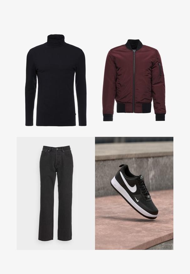 Μπορντό bomber jacket με φερμουάρ, ριμπ μανίκια και στρίφωμα, και τσέπη στον μανίκι με φερμουάρ. Λείο, γυαλιστερό ύφασμα με φουσκωτή εμφάνιση.; Μαύρο μακρυμάνικο μπλουζάκι με ψηλό γιακά, φτιαγμένο από μαλακό, ελαστικό υλικό. Διαθέτει εφαρμοστή σχεδίαση και απαλή υφή. Χωρίς ορατά σχέδια ή αξεσουάρ.; Μαύρα τζιν παντελόνια με σχέδιο ίσιας γραμμής, που διαθέτουν κουμπί μπροστά, βρόχους ζώνης και δύο πλαϊνές τσέπες. Υφασμάτινη επιφάνεια.; Μονόχρωνο μαύρο και άσπρο αθλητικό παπούτσι Nike Air Force 1 κρεμασμένο πάνω από μια ροζ επιφάνεια από σκυρόδεμα με φόντο γκρι πέτρα.