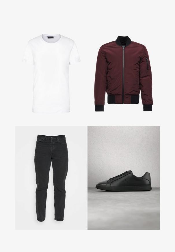 Chaqueta bomber burdeos con cierre de cremallera, puños y dobladillo acanalados, y un bolsillo en la manga con cremallera. Tejido suave y brillante con un aspecto acolchado.; Camiseta de algodón blanca, de manga corta, con cuello redondo, diseño liso, textura suave, corte recto, ajuste estándar, sin patrones ni acentos visibles.; Jeans de denim negro con un corte recto, cinco bolsillos, cierre frontal con botón y costuras en contraste. Textura suave con un leve desgaste visible.; Zapatilla deportiva de cuero negro con cordones y el logotipo "ck" en relieve, flotando sobre un suelo gris cerca de una pared de bloques de vidrio.